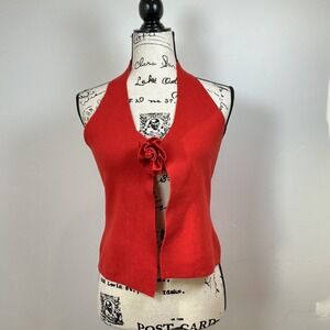 Unbranded Rosette Halter Top Women Small Red Fair Knit 3D Flower Split Front